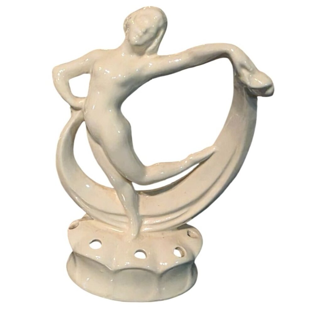 Antique Flower Frog Ceramic Dancing‎ Woman Figurine Ivory Glaze Art Deco 6"